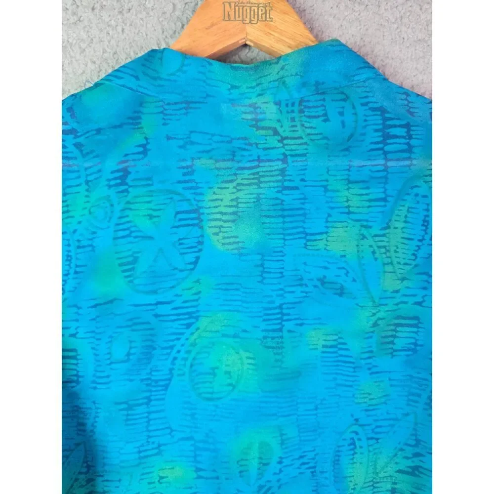IN Studio Blouse Teal XL Vintage 90s Border Print Boho Side Slits